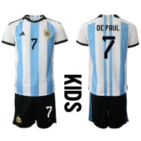 Camisa de Futebol Argentina Rodrigo de Paul #7 Equipamento Principal Infantil Mundo 2022 Manga Curta (+ Calças curtas)